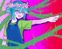 Rule 34 | 1boy, antenna hair, basil (headspace) (omori), basil (omori), blue overalls, blush, colored skin, double-parted bangs, flower, green eyes, green hair, green shirt, head wreath, highres, male focus, omori, open mouth, overalls, shirt, short hair, short sleeves, smile, solo, t-shirt, teeth, tokkooyaku, upper teeth only, white skin