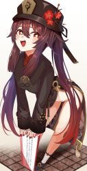 1girl black_hat black_jacket black_shoes bottomless brown_hair commission diorama excella_(delltothu) flower foreshortening full_body fur-trimmed_jacket fur_trim genshin_impact hair_between_eyes hair_flaps hair_flower hair_ornament hat hat_flower highres hu_tao_(genshin_impact) jacket long_hair long_sleeves looking_at_viewer open_mouth red_eyes red_flower shoes sidelocks smile socks solo star-shaped_pupils star_(symbol) symbol-shaped_pupils teeth translation_request twintails upper_teeth_only very_long_hair white_background white_socks