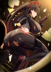 1girl absurdres ass black_bodysuit black_hair blue_archive blunt_bangs blush bodysuit breasts bright_pupils gun halo handgun highres huge_ass huge_breasts kuutamo long_hair m1911 official_alternate_costume parted_lips ponytail red_eyes ringed_eyes rio_(blue_archive) rio_(bodysuit)_(blue_archive) skin_tight solo thighs torn_bodysuit torn_clothes very_long_hair weapon