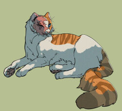 Rule 34 | animal, animal focus, blue eyes, brightheart, cat, commentary, fugu (fugusunburst55), green background, looking at viewer, lying, no humans, one eye closed, open mouth, orange fur, pawpads, scar, simple background, solo, tail, warrior cats, whiskers, white fur