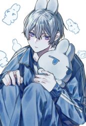 Rule 34 | 1boy, animal ears, blue hair, blue jacket, blue pants, closed mouth, hair between eyes, highres, holding, holding toy, jacket, looking at viewer, male focus, nose, original, pants, purple eyes, rabbit ears, short hair, solo, sportswear, taiyakitarou, toy