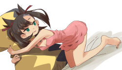 Rule 34 | 1girl, absurdres, asymmetrical bangs, barefoot, black hair, breasts, commentary request, dress, eushima (sgr), green eyes, highres, hugging object, marnie (pokemon), medium hair, nintendo, open mouth, pillow, pillow hug, pink dress, pokemon, pokemon swsh, short dress, simple background, small breasts, solo, undercut, white background