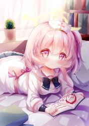 1girl blue_archive blue_bow blue_bowtie book bookshelf bow bowtie breasts commentary_request curtains doodle_sensei_(blue_archive) dress hair_between_eyes hair_ribbon hamiyamiko hat heart one_side_up open_book partial_commentary pink_eyes pink_hair plant potted_plant red_ribbon ribbon sensei_(blue_archive) serina_(blue_archive) signature solo white_dress white_hat
