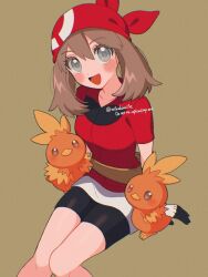 Rule 34 | 1girl, bandana, bike shorts, bike shorts under shorts, blush, breasts, brown hair, fanny pack, gen 3 pokemon, gloves, grey eyes, highres, looking at viewer, may (pokemon), mikakami1e, nintendo, open mouth, pokemon, pokemon (creature), pokemon rse, red bandana, red shirt, shirt, short hair, shorts, shorts under shorts, smile, solo, torchic