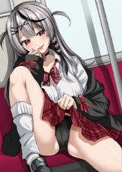 1girl akihila black_choker black_jacket black_panties black_shoes blush breasts choker cleavage clothes_lift flashing grey_hair highres hololive jacket lace lace-trimmed_panties lace_trim large_breasts lifting_own_clothes loafers looking_at_viewer medium_hair multicolored_hair naughty_face neck_ribbon open_mouth panties pantyshot red_eyes red_ribbon red_skirt ribbon sakamata_chloe sakamata_chloe_(gyarumata) shirt shoes sitting skirt skirt_lift smile solo streaked_hair tongue tongue_out train_interior underwear virtual_youtuber white_shirt