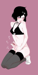 1boy black_bra black_hair black_thighhighs blush bra fetishist hair_ornament hairclip heavy_breathing large_penis masturbation penis purple_eyes ribbon short_hair skull_hair_ornament socks steins;gate string_choker thighhighs trap underwear urushibara_ruka white_ribbon white_socks