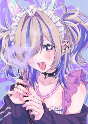 Rule 34 | 1girl, absurdres, aigami amu, animal ears, black jacket, blue background, blush, breasts, brown hair, chain, chain necklace, cleavage, collar, collarbone, colored smoke, commentary request, ear piercing, eyes visible through hair, face piercing, fake animal ears, frilled straps, guest art, hair intakes, hair over one eye, hamafugu, hands up, heart, heart-shaped pupils, highres, holding, holding smoking pipe, hookah, hookah haze, jacket, jewelry, large breasts, lip piercing, long sleeves, looking at viewer, maid headdress, necklace, off shoulder, open mouth, piercing, pink nails, purple background, purple eyes, purple hair, rabbit ears, second-party source, smile, smoke, smoke heart, smoking pipe, solo, spaghetti strap, sparkle, spiked collar, spikes, symbol-shaped pupils, tongue piercing, two-tone background, two side up, upper body
