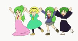 4girls animated animated_gif blonde_hair dancing dress green_hair higurashi_no_naku_koro_ni houjou_satoko iosys iosys_parody japanese_clothes kimono long_hair lowres multiple_girls o3o pantyhose parody ponytail ribbon school_uniform serafuku short_hair siblings sisters sonozaki_akane sonozaki_mion sonozaki_shion twins