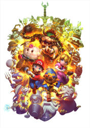 3girls 6+boys :d animal armlet axe axem_black axem_green axem_pink axem_red axem_yellow beak beard bird blonde_hair blue_cape blue_eyes blue_headwear blue_overalls blue_robe booster_(super_mario_rpg) bowser bowyer bracelet brown_hair brown_shoes bug bundt_(super_mario_rpg) butterfly cake candle cape cassio_yoshiyaki chain chain_chomp claws closed_mouth collar commentary croco_(super_mario_rpg) crocodile crocodilian crown dodo_(super_mario_rpg) doll_joints dress elbow_gloves english_commentary exor facial_hair fake_horns fire food frying_pan geno_(mario) glasses gloves glowing hammer hands_on_own_hips hat helmet holding holding_axe holding_frying_pan holding_hammer holding_polearm holding_stick holding_wand holding_weapon horned_helmet horns insect jewelry joints jonathan_jones kamek long_hair long_sleeves looking_at_viewer mack magic magikoopa mallow_(mario) mario mario_(series) multiple_boys multiple_girls mustache necklace nintendo opaque_glasses open_mouth overalls pink_dress polearm princess_peach punchinello red_hair red_headwear red_shirt robe shark sharp_teeth shirt shoes short_hair signature simple_background smile smithy spiked_armlet spiked_bracelet spiked_collar spiked_shell spikes star_(symbol) stick sunglasses super_mario_rpg sword teeth thick_eyebrows top_hat trident turtle_shell valentina_(super_mario_rpg) wand weapon wedding_cake white_background white_gloves wizard wizard_hat yaridovich