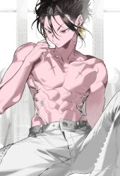 1boy 2pineapplepizza absurdres black_eyes black_hair closed_mouth collarbone earrings highres jewelry male_focus muscular nipples original pants piercing punk_boy_(2pineapplepizza) scar serious short_hair sitting solo topless_male white_pants