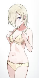 1girl absurdres bare_shoulders blonde_hair blush bra breasts collarbone commentary_request groin hair_over_one_eye highres looking_at_viewer love_live! love_live!_nijigasaki_high_school_idol_club medium_breasts mia_taylor midriff navel panties purple_eyes short_hair solo tata_(tataice) underwear upper_body white_background yellow_bra yellow_panties