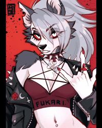 1girl \m/ animal_ears animal_nose bare_shoulders black_jacket body_fur breasts claws cleavage collar colored_sclera crop_top cross demon dog_tags ear_piercing earrings english_text eyebrow_piercing eyeliner eyes_visible_through_hair eyeshadow face_piercing fingernails fukari furry furry_female grey_fur grey_hair hair_between_eyes helluva_boss holding jacket jewelry leather linea_alba long_fingernails long_hair looking_at_viewer loona_(helluva_boss) makeup medium_breasts midriff navel navel_piercing off_shoulder open_clothes open_jacket pentagram piercing ponytail red_sclera ring smile snout solo spiked_collar spikes studded_collar tail teeth upper_body white_eyes white_fur wolf_ears wolf_girl zipper