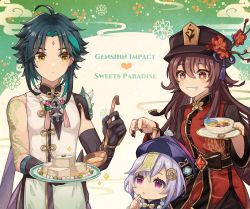 &quot;sweet_dream&quot;_(genshin_impact) 1boy 2girls :o ahoge apron aqua_hair armor bare_shoulders bead_bracelet bead_necklace beads black_bow black_gloves black_headwear black_nails blush bow bowl bracelet brown_hair chinese_clothes closed_mouth commentary_request copyright_name diamond-shaped_pupils diamond_(shape) dress egasumi facial_mark finger_to_mouth flower flower-shaped_pupils flower_symbol food forehead_mark fruit genshin_impact gloves gold_trim green_hair grin hair_between_eyes hands_up hat hat_flower heart highres holding holding_ladle holding_plate hu_tao_(genshin_impact) hu_tao_(sweets_paradise)_(genshin_impact) jewelry ladle long_hair long_sleeves looking_at_another looking_up multicolored_hair multiple_girls nail_polish necklace ofuda parted_bangs plate plum_blossoms porkpie_hat purple_eyes purple_hair purple_headwear qingdai_guanmao qiqi_(genshin_impact) red_dress red_eyes red_flower shirt short_hair shoulder_armor shoulder_spikes sidelocks sleeveless sleeveless_shirt smile sparkle spikes spoon standing streaked_hair su34ma sweets_paradise symbol-shaped_pupils tassel teeth thumb_ring tofu twintails very_long_hair vision_(genshin_impact) white_shirt xiao_(genshin_impact) xiao_(sweets_paradise)_(genshin_impact) yellow_bow yellow_eyes