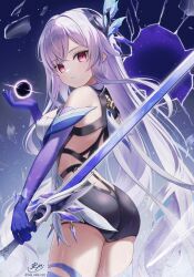 1girl ass bare_shoulders black_hole black_unitard breasts closed_mouth cowboy_shot elbow_gloves expressionless floating_hair from_behind genshin_impact gloves gradient_gloves hair_ornament highres holding holding_sword holding_weapon large_breasts long_hair looking_at_viewer looking_back object_floating_above_hand pink_eyes purple_gloves purple_hair signature skirk_(genshin_impact) sola_num_5130 solo star_(sky) starry_sky_background sword twitter_username very_long_hair weapon