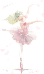 Rule 34 | 1girl, absurdres, airool, ankle ribbon, arm up, armband, armpit crease, armpits, ballerina, ballet slippers, bang dream!, bang dream! it&#039;s mygo!!!!!, bare shoulders, blunt ends, breasts, chinese commentary, choker, collarbone, commentary, commentary request, dancing, dated, dress, en pointe, english commentary, falling petals, floating hair, frilled armband, frilled choker, frills, full body, green eyes, green hair, hand up, highres, invisible floor, leg ribbon, leg up, long hair, looking to the side, mixed-language commentary, pantyhose, parted lips, partial commentary, petals, pink armband, pink choker, pink dress, pink ribbon, pink slippers, ribbon, see-through clothes, see-through dress, sideways glance, slippers, solo, standing, standing on one leg, strapless, strapless dress, tutu, wakaba mutsumi, weibo username, white background, white pantyhose