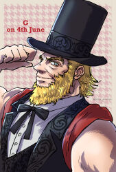 Rule 34 | 1boy, angie (kani-ga-tobuna), beard, beard stubble, facial hair, full beard, g (street fighter), hat, looking at viewer, male focus, mature eyes, mature male, muscular, muscular male, profile, sleeveless, solo, street fighter, stubble, thick beard, top hat, upper body