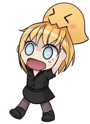 Rule 34 | &gt; &lt;, 1girl, @ @, arms up, biting, black shirt, black shoes, black skirt, blob, blonde hair, blouse, blue eyes, blush, brown pantyhose, chibi, chibi only, collared shirt, emiliana (vtuber), full body, head biting, highres, indie virtual youtuber, mole, mole under eye, mole under mouth, open mouth, panicking, pantyhose, pomato v, shirt, shoes, single sidelock, skirt, turn pale, walking