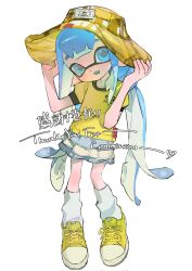 1girl blue_eyes blue_hair blue_skirt bucket_hat commentary commission fangs full_body hands_on_headwear hat head_tilt highres inkling inkling_girl inkling_player_character long_hair looking_at_viewer loose_socks low_twintails nintendo open_mouth p-pepper pointy_ears shirt shoes short_sleeves sidelocks skirt smile sneakers socks solo splatoon_(series) standing symbol-only_commentary t-shirt thank_you twintails very_long_hair white_background white_socks yellow_hat yellow_shirt yellow_shoes
