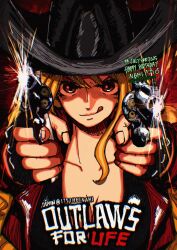1girl :q aiming aiming_at_viewer birthday black_gloves black_hat breasts brown_eyes brown_vest character_name cleavage closed_mouth collarbone commentary cowboy_hat cowboy_western dated dual_wielding english_commentary fingerless_gloves firing firing_at_viewer gloves gun handgun happy_birthday hat holding holding_gun holding_weapon itstheenami large_breasts long_hair looking_at_viewer nami_(one_piece) one_piece orange_hair revolver serious single_sidelock solo straight-on tongue tongue_out twitter_username upper_body vest wavy_hair weapon