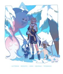 1boy albedo_(genshin_impact) black_footwear black_shorts blonde_hair blue_eyes braid bridal_gauntlets full_body gen_2_pokemon gen_6_pokemon gen_8_pokemon genshin_impact half_updo hatterene highres jacket kiki1109 male_focus meowstic multicolored_jacket nintendo open_mouth orange_jacket pokemon pokemon_(creature) ponytail short_ponytail shorts smeargle snom tandemaus white_jacket yellow_jacket