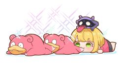 1girl barefoot biting biting_another&#039;s_tail blonde_hair chibi crossover eyelashes fangs gen_1_pokemon green_eyes idolmaster idolmaster_cinderella_girls lying miyamoto_frederica nintendo on_head on_stomach pink_shirt pokemon pokemon_(creature) pokemon_on_head shellder shirt short_hair simple_background slowpoke sparkle tail tail_biting takato_kurosuke tongue tongue_out white_background