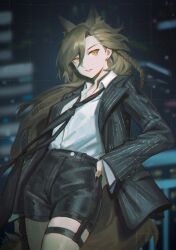 1girl alternate_costume animal_ears arknights black_jacket black_nails black_necktie black_shorts braid brown_eyes brown_hair collared_shirt dress_shirt hashtag-only_commentary highres jacket jacknguyenart lapels long_hair long_sleeves looking_at_viewer nail_polish necktie night outdoors penance_(arknights) shirt shirt_tucked_in shorts signature solo standing tail thigh_strap white_shirt wing_collar wolf_ears wolf_girl wolf_tail
