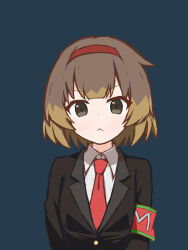 Rule 34 | 1girl, :&lt;, armband, black jacket, blue background, brown eyes, brown hair, closed mouth, commentary, hairband, highres, jacket, lobotomy corporation, looking at viewer, malkuth (project moon), multicolored hair, necktie, project moon, red armband, red hairband, red necktie, shirt, short hair, simple background, solo, synaaap, white shirt