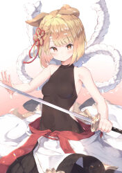 1girl absurdres animal_ears black_leotard blonde_hair blush bob_cut breasts brown_hair commentary covered_collarbone covered_navel cowboy_shot dog_ears dog_girl dog_tail droopy_ears gradient_background granblue_fantasy hair_ornament highres holding holding_sword holding_weapon katana leotard looking_at_viewer medium_breasts parted_bangs red_background sleeveless_turtleneck_leotard small_breasts solo standing sword tail ukiwakisen vajra_(granblue_fantasy) weapon white_background