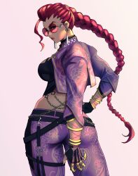 1girl 6maker absurdres ass black_gloves black_shirt braid crimson_viper crop_top earrings gloves hand_on_own_hip highres jacket jewelry looking_at_viewer looking_back muscular muscular_female pants purple_jacket purple_pants red-tinted_eyewear red_hair shirt single_braid solo street_fighter tinted_eyewear white_background