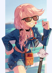1girl absurdres akaneko016 bandeau blue_jacket blue_skirt blush blush_stickers breasts candy chloe_von_einzbern chloe_von_einzbern_(swimsuit_avenger)_(first_ascension) choker collarbone cropped_jacket dark-skinned_female dark_skin eyewear_on_head fate/grand_order fate_(series) food grin hair_ornament highres jacket lollipop long_hair looking_at_viewer navel open_clothes open_jacket orange_eyes pink_hair skirt small_breasts smile solo stomach_tattoo sunglasses tattoo thighs umbrella