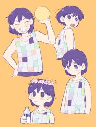 Rule 34 | !, 1boy, :d, :i, ^ ^, ball, bare arms, bare shoulders, bottle, checkered clothes, checkered shirt, closed eyes, closed mouth, collarbone, commentary request, cropped torso, double-parted bangs, facing viewer, flower, flower wreath, grin, hair behind ear, hair between eyes, hand on own hip, head wreath, highres, holding, holding ball, holding bottle, kel (headspace) (omori), kel (omori), looking at viewer, looking back, looking down, male focus, milk, milk bottle, multiple views, nn w ky, omori, open mouth, orange background, pale skin, pants, pink flower, purple eyes, purple hair, purple pants, raised inner eyebrows, shirt, short hair, short sleeves, simple background, sleeveless, sleeveless shirt, smile, tongue