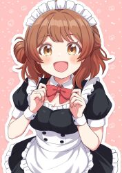 1girl adjusting_bowtie animal_background apron black_dress blush bow bowtie breasts brown_eyes brown_hair cleavage dot_nose dress frilled_apron frilled_dress frills gakuen_idolmaster hair_bun hanami_ume idolmaster large_breasts looking_at_viewer maid open_mouth pink_background red_bow red_bowtie short_sleeves single_side_bun smile solo suzu_suzuki_(suzukisuzu) upper_body waist_apron white_apron white_headdress