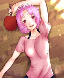 Rule 34 | 1girl, :d, aona (anagasaki), arm up, collarbone, female focus, from above, headdress, holding, holding paddle, looking at viewer, lying, on back, oomune mune, open mouth, paddle, pink hair, pink shirt, red eyes, shakunetsu no takkyuu musume, shirt, short hair, short sleeves, smile, solo, sweat, table tennis paddle, twitter username, upper body