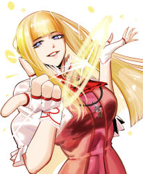 Rule 34 | 1girl, absurdres, blonde hair, blunt bangs, breasts, crop top, dress, emilie de rochefort, fingerless gloves, gloves, highres, looking at viewer, nadainishi, pink dress, puffy short sleeves, puffy sleeves, purple eyes, short sleeves, smile, solo, tekken, tekken 8, white background, white gloves