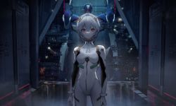 1girl absurdres ayanami_rei blue_hair bodysuit breasts closed_mouth commentary covered_collarbone cowboy_shot es-ther eva_00 expressionless hair_between_eyes highres huge_filesize interface_headset_(evangelion) looking_at_viewer mecha_pilot_suit medium_breasts neon_genesis_evangelion plugsuit_(evangelion) red_eyes science_fiction short_hair skin_tight solo white_bodysuit