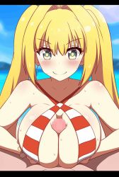1boy 1girl animated animated_gif blonde_hair blush breasts censored cum ejaculation fate/grand_order fate_(series) green_eyes hetero long_hair mosaic_censoring nero_claudius_(fate) ocean paizuri penis pov yuzutei