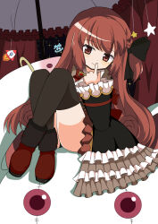 Rule 34 | 1girl, absurdres, black bow, black thighhighs, blush, boots, bow, braid, brown eyes, brown hair, brown shoes, commentary request, dress, finger to mouth, frilled umbrella, frills, hair bow, highres, kyubey, long hair, long sleeves, looking at viewer, magia record: mahou shoujo madoka magica gaiden, magical girl, mahou shoujo madoka magica, on cushion, rocket, satomi touka, shoes, sidelocks, sitting, smile, solo, soul gem, star (symbol), thighhighs, umbrella, very long hair, yukimoca
