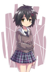 Rule 34 | 1girl, arm at side, black hair, black necktie, black skirt, blush, breasts, brown eyes, colonel aki, commentary, cowboy shot, depressed, dress shirt, frown, grey background, grey sweater vest, hair ornament, hand on own arm, light frown, long sleeves, looking at viewer, marvel, necktie, peni parker, plaid clothes, plaid skirt, raised eyebrows, sad, school uniform, shirt, short hair, skirt, sleeves past wrists, small breasts, solo, spider-man: across the spider-verse, spider-man (series), spider-verse, standing, sweater vest, two-tone background, white background, white shirt, x hair ornament