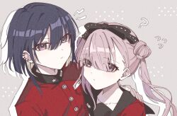 Rule 34 | 1boy, 1girl, brother and sister, grey background, hair between eyes, long hair, looking at viewer, matching hair/eyes, pink eyes, pink hair, purple hair, siblings, simple background, the hundred line -last defense academy-, tsukumo ima, tsukumo kako, twins, twintails, upper body