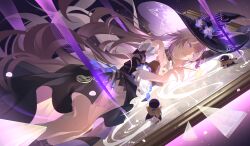 1girl absurdres bare_shoulders brown_hair clock detached_sleeves dress flower hat hat_flower herta_(honkai:_star_rail) highres honkai:_star_rail honkai_(series) jewelry key key_necklace long_hair misansan necklace purple_eyes purple_flower the_herta_(honkai:_star_rail) witch_hat