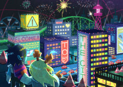 Rule 34 | 1girl, 1other, absurdres, ad, aerial fireworks, animal ears, antlers, billboard, black sky, blonde hair, blue hair, blue skin, bridge, building, cape, car, city, city lights, cityscape, clothes grab, colored skin, commentary request, deer ears, deltarune, facing away, ferris wheel, fireworks, from above, highres, horns, kris (dark world) (deltarune), kris (deltarune), long hair, motor vehicle, night, noelle holiday, noelle holiday (dark world), on rooftop, outdoors, pointing, purple cape, railing, road, scenery, shaded face, short hair, sky, standing, street, traffic cone, traffic light, upper body, watawata22