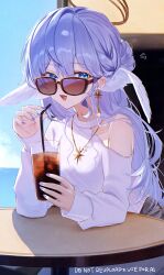 1girl absurdres alternate_costume blue_eyes clothing_cutout commentary cup drinking_glass drinking_straw earrings fingernails hair_between_eyes halo head_wings highres holding holding_cup honkai:_star_rail honkai_(series) imasaki_kei jewelry long_hair looking_over_eyewear nail_polish necklace open_mouth purple_nails robin_(honkai:_star_rail) shirt shoulder_cutout single_bare_shoulder smile solo star_(symbol) star_necklace sunglasses white_shirt wings