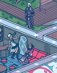 3girls bar_counter bench black_boots black_skirt blue_jacket boots bottle couch counter door dress drinking grass hand_on_own_face hands_on_own_knees highres holding holding_bottle indoors jacket jewelry kurashiki_akane kyokugen_dasshutsu kyokugen_dasshutsu_adv:_zennin_shibou_desu long_hair long_skirt long_sleeves luna_(kyokugen_dasshutsu) multiple_girls necklace on_couch open_clothes open_jacket orange_hair phi_(kyokugen_dasshutsu) purple_dress purple_shirt purple_skirt shelf shirt short_hair sitting skirt sleeveless sleeveless_jacket sleeveless_shirt spoilers standing stool table twergo very_short_hair vest white_hair white_shirt white_vest wooden_bench