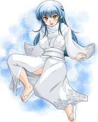 1girl 2010 blue_hair blush breasts japanese_clothes kimono large_breasts long_hair looking_at_viewer medium_breasts nurarihyon_no_mago oikawa_tsurara open_mouth ryumage sandals sitting smile white_kimono white_sandals yellow_eyes yuki_onna_(nurarihyon_no_mago)