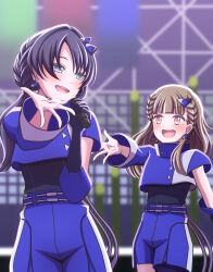2girls :d asymmetrical_legwear asymmetrical_sleeves black_bodysuit black_gloves blue_eyes blue_hair blue_pantyhose blue_shirt blue_shorts blurry blurry_background bodysuit bodysuit_under_clothes braid brown_hair center-flap_bangs collared_shirt commentary_request cowboy_shot cropped_shirt dark_blue_hair elbow_gloves ganbarai gloves hair_ornament half-closed_eyes high_collar highres holding holding_microphone kachimachi_kosuzu ladybug/beauty_(love_live!) link!_like!_love_live! long_hair long_sleeves looking_at_another love_live! low_twintails microphone multiple_girls murano_sayaka official_alternate_costume open_mouth outstretched_arm pantyhose pink_eyes pleated_shorts shirt short_sleeves shorts side_braids single_elbow_glove single_glove single_leg_pantyhose smile split_mouth stage straight_hair teeth triangle_hair_ornament twintails uneven_legwear uneven_sleeves upper_teeth_only virtual_youtuber