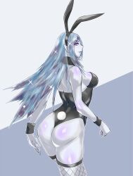 1girl ass black_leotard blue_eyes blue_hair blue_skin colored_skin detached_collar elma_(true_form)_(xenoblade_x) elma_(xenoblade_x) fishnet_thighhighs fishnets highres leotard monolith_soft playboy_bunny pointy_ears rabbit_ears rabbit_tail shiny_skin thighhighs uya_(yurukah) wrist_cuffs xeno_(series) xenoblade_chronicles_(series) xenoblade_chronicles_x