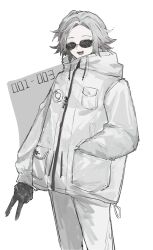 1boy ^_^ aotsuki_eito black_gloves breast_pocket closed_eyes cowboy_shot facing_viewer glasses gloves grey_hair hand_in_pocket highres jacket male_focus pants pocket short_hair simple_background smile solo sparrowhabird sunglasses the_hundred_line_-last_defense_academy- v white_background white_jacket white_pants