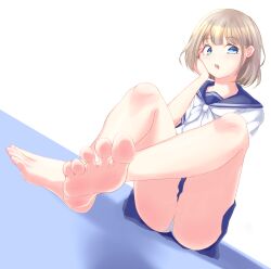 1girl barefoot blonde_hair blue_eyes feet highres idolmaster idolmaster_shiny_colors light_blush looking_at_viewer medium_hair open_mouth panties pantyshot serizawa_asahi soles toes totsumotsu underwear