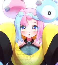 1girl :o blue_hair bow-shaped_hair eyelashes iono_(pokemon) jacket long_hair long_sleeves multicolored_hair nintendo open_mouth pink_hair pokemon pokemon_sv sleeves_past_fingers sleeves_past_wrists solo two-tone_hair upper_body white_background wide_sleeves yellow_jacket yngon_(hwxf5232)