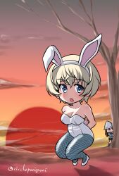 2girls animal_ears arms_behind_back bare_shoulders bare_tree behind_tree black_skirt blue_eyes blue_headwear blue_shirt breasts chibi chinese_zodiac cleavage closed_eyes closed_mouth cloud cloudy_sky fake_animal_ears fake_tail fishnet_pantyhose fishnets girls_und_panzer gradient_sky grey_pantyhose highres horizon inoue_yoshihisa jumping keizoku_school_uniform kyojin_no_hoshi leotard long_hair long_sleeves looking_at_viewer medium_breasts mika_(girls_und_panzer) miniskirt multiple_girls new_year open_mouth outdoors pantyhose peeking_out playboy_bunny pleated_skirt rabbit_ears rabbit_tail school_uniform shirt shoes short_hair skirt sky smile standing sunset t_t tail textless_version tree tulip_hat twitter_username white_footwear white_hair white_leotard year_of_the_rabbit youko_(girls_und_panzer)